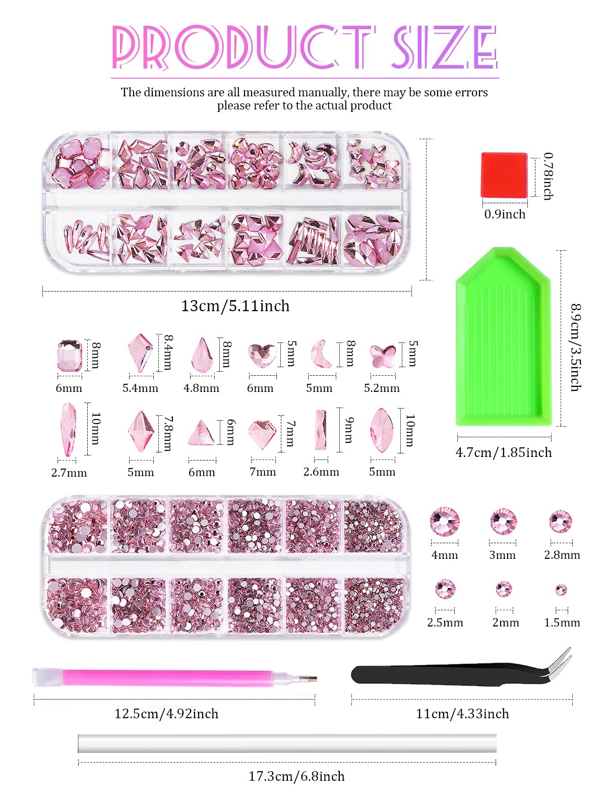1620 Pcs Nail Art Rhinestones Pink Nail Charms Glass Nail Gems, Wsimily Crystal Flatback Shiny Mixed Nail Rhinestones Beads for DIY Manicure Craft with Tweezer Storage Box Picker Pencil