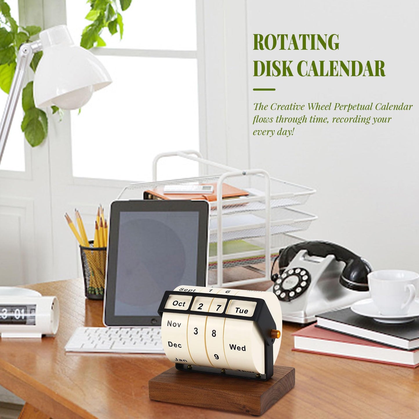 Wooden Perpetual Calendar for Office Desk Decor, Rotary Perpetual Desk Calendar, Countdown Desktop Calendar for Office School (Wood)