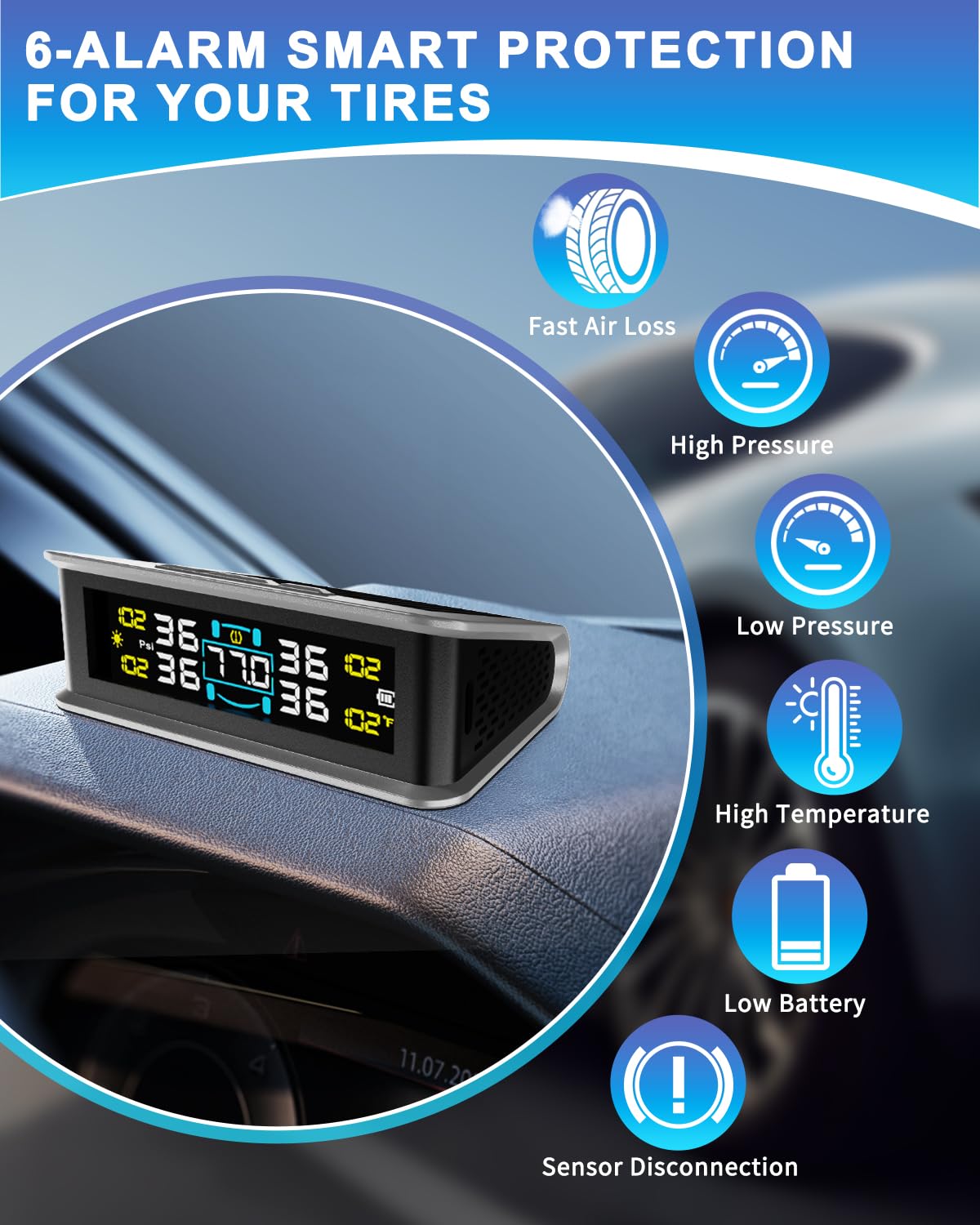 RV Tire Pressure Monitoring System (TPMS) - TPMS sensors set of 4 & 6 Alarm Modes | Solar/USB Charger | LCD Display | for RV/Truck/SUV/MPV/Sedan | TPMS Kit