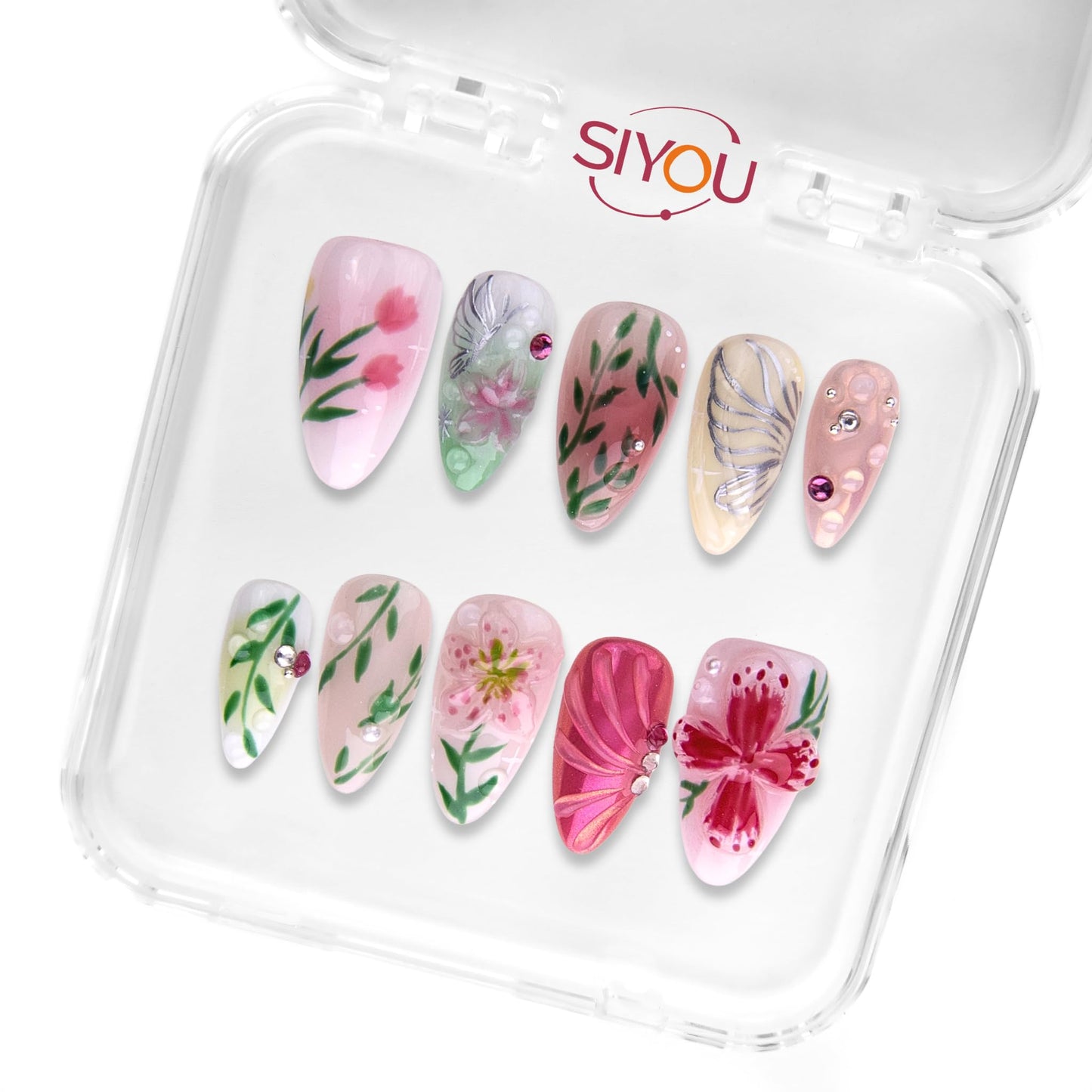 SIYOU Beauty | Radiant Garden | Pink and Green Floral Short Almond Press On Nails for Women (Large) - Reusable, Salon-Quality Fake Nails (10pc)