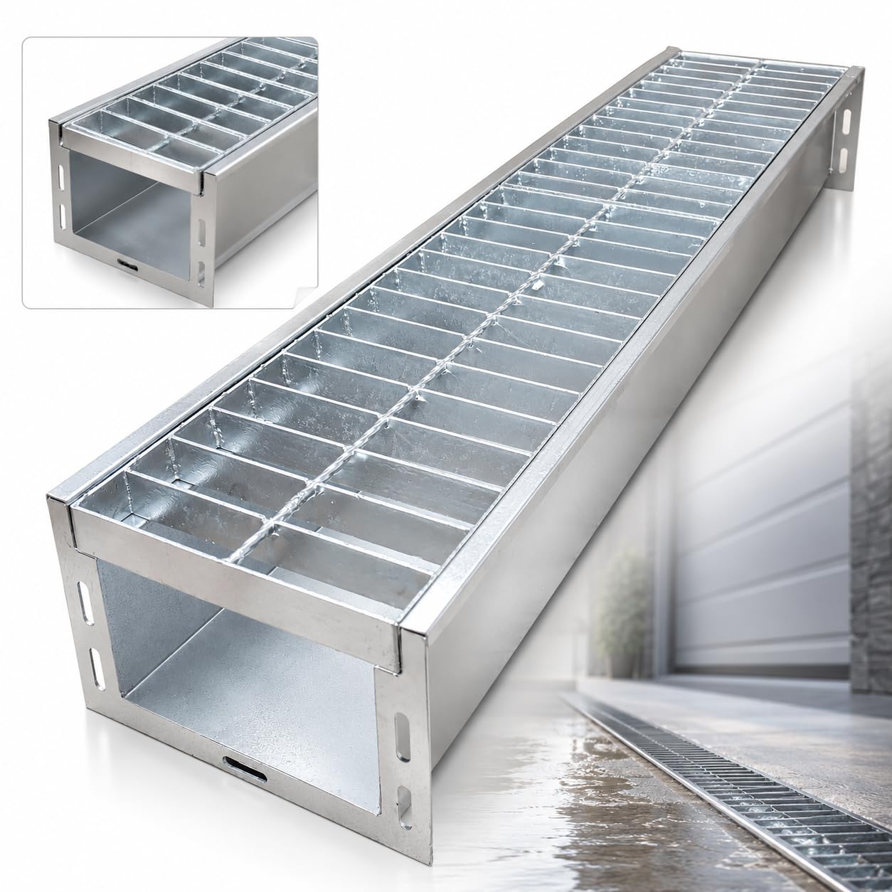 TONGMO 304 Stainless Steel Channel Drain with Galvanized Steel Grate, 39.4" x 5.9" x 5.5" Trench Drain System, Class B Load Rating for Driveways, Patios, and Pool Decks