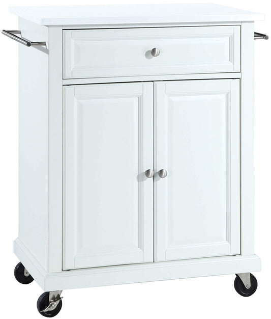 Crosley Furniture Compact Stone Top Small Rolling Cart with Shelves, Microwave Stand with Towel Rack, White