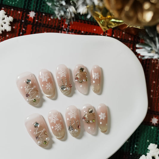 Tesytto Handmade Press on Nails Short Almond - Luxury 3D Texture Pearl Tree & Snowflake Design, Nude Pink Cat Eye Gold French Tip Fake Nails (Ice Christmas,S)