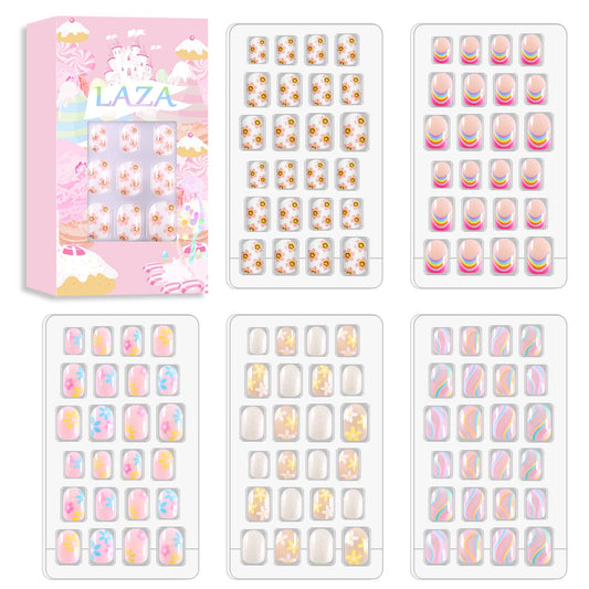 Laza 120pcs Children Nails Press On Pre-glue Full Cover Nail Tips Kit Glitter Gradient Color Rainbow Short Artificial False Nail Kits Lovely Christmas Gift for Children Kids Girls - Rainbow Flower