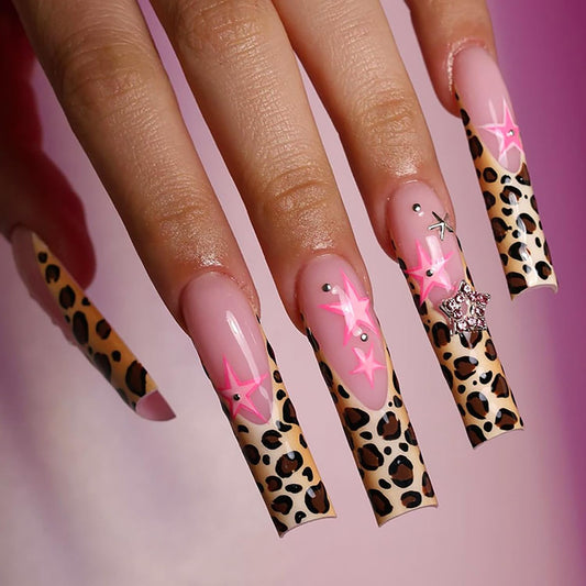 FIEONCIY Press on Nails Long Coffin Shaped Acrylic Glossy Full Cover Long Square French False Nails with Designs Artificial Extra Long Fake Nails with Charms Glue ons Fingernails for Women(XL10256)