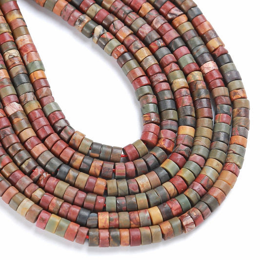 150pcs 2x4mm Natural Picasso Jaspers Stone Tube Shape Beads Loose Flat Round Cylinder Flat Spacer Green Stone Beads for Bracelet Earrings Jewelry Making