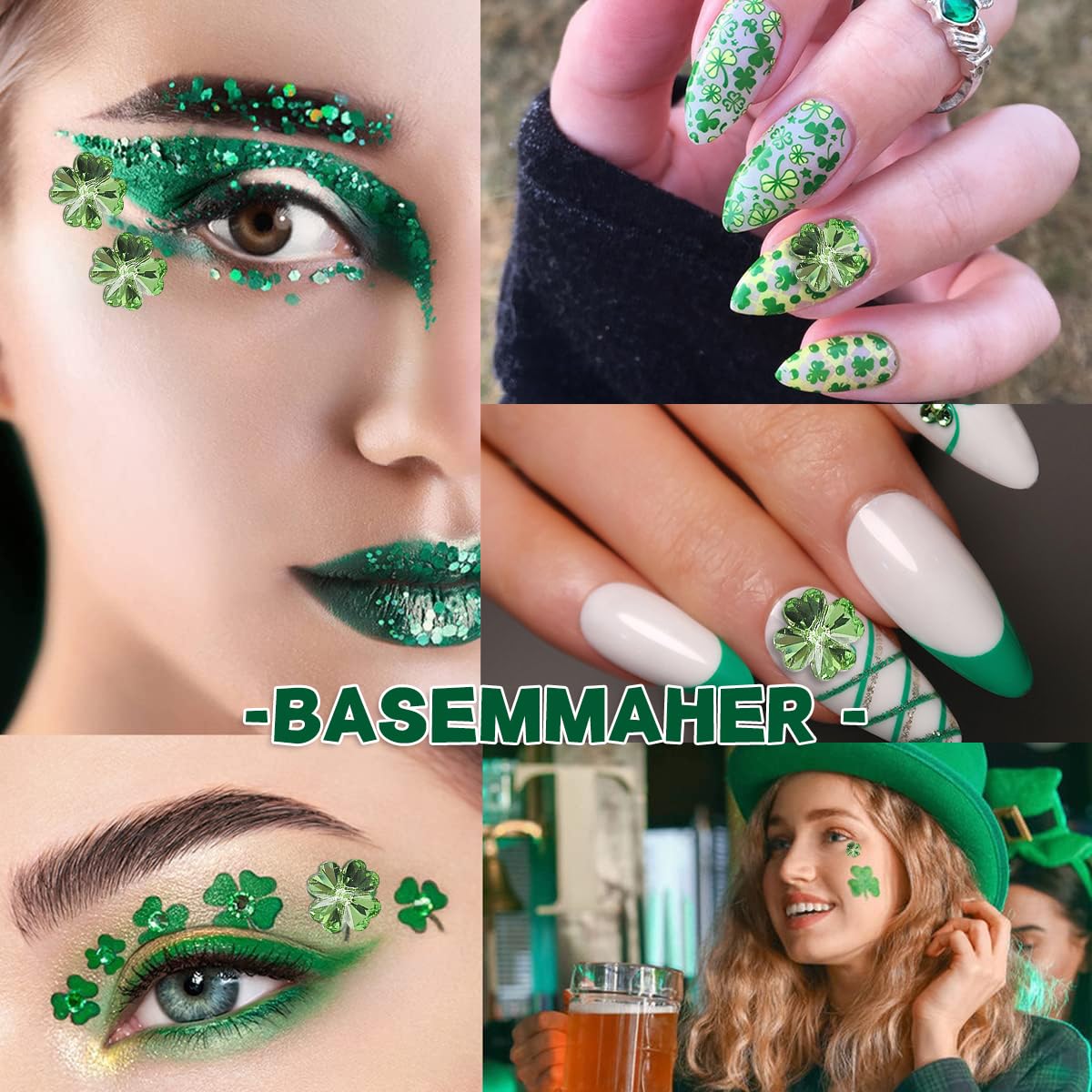 24Pcs Glitter 3D Green Shamrock Nail Charms for St. Patrick's Day Clover Nail Rhinestone Decal Crystal Diamond Alloy Nail Gems Irish Decorations for Women Girls Manicures Eyes Makeup Crafts