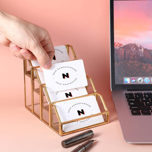 AojSup 4 Slots Glass Business Card Stands for Display, Desktop Business Card Holder with Gold Metal Frame, Clear Name Cards Organizer for Office, Exhibition, and Meetings (4.13" L x 5.9" W x 4.72" H)