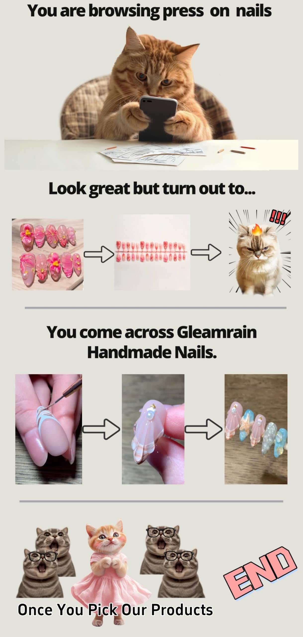 Gleamrain Almond Medium Handmade Press on Nails for Women, Handcrafted Floral Design Reusable Full Cover Fake Nail for Daily Wear Party Birthday D302