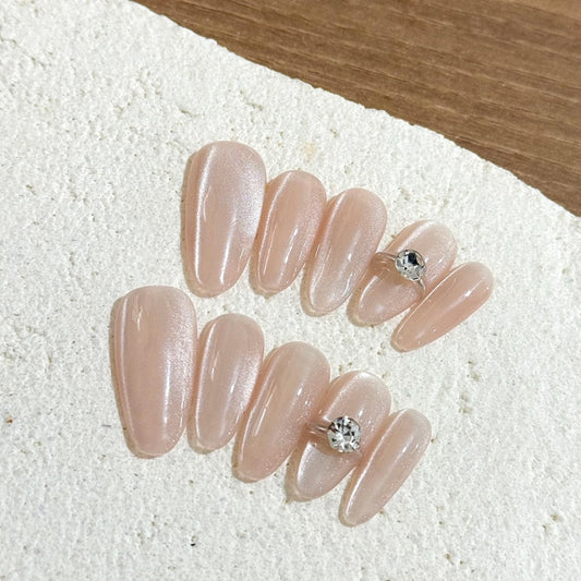 Gentle Claws Haute Press On Nails – Nude Pearl Sheen Almond Press On Nails with Mini Ring Detail | French-Inspired Gloss Finish | Medium Almond Reusable Luxury Fake Nails, 24 Pcs