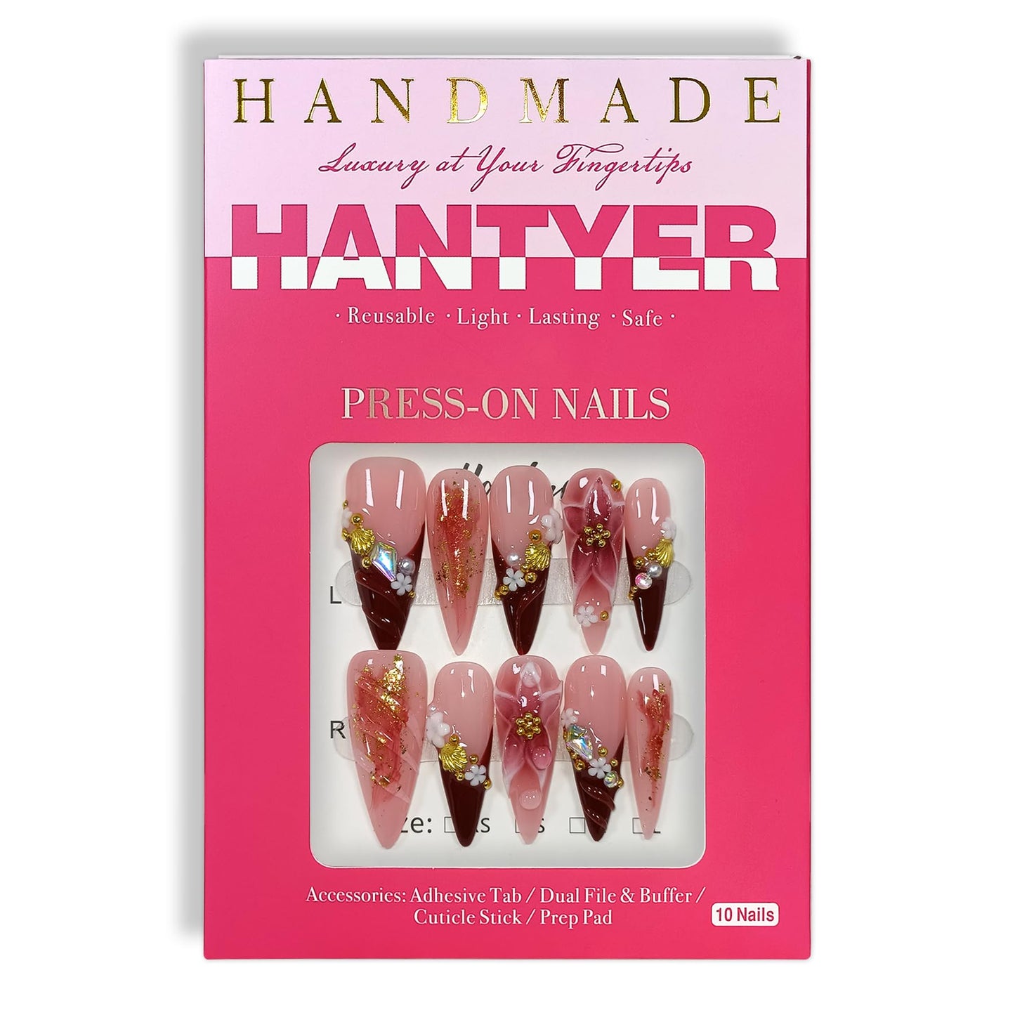 Hantyer Blush French Tip Press on Nails with 3D Floral Carving, Pearls & Rhinestones, Long Stiletto Glossy Iced Soft Glam Fake Nails, Reusable Elegant False Nails for Women Special Occasion (Size M) ﻿