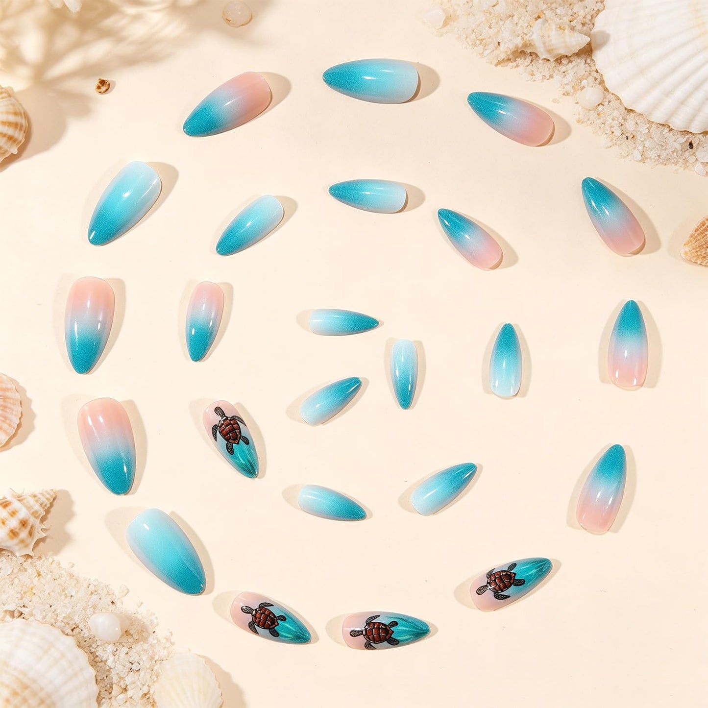Sea Turtle Press on Nails with Tropical Ocean Design Seaweed Medium Almond False Nails Beach Fake Nail Glossy Blue Ombre Glue on Nail Gradient Stick on Fingernails for Women Summer Daily Wear