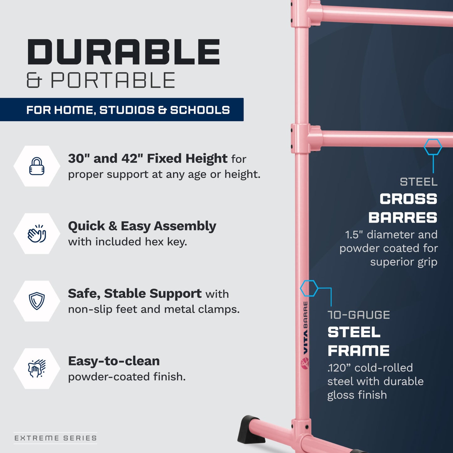 VITA Barre Portable Freestanding Double Ballet Barre, Extreme, 16 Ft Bars, Light Pink, Steel | Fixed Height, Made in USA, Home or Gym Exercise Equipment for Kids & Adults | Dance, Fitness, Pilates