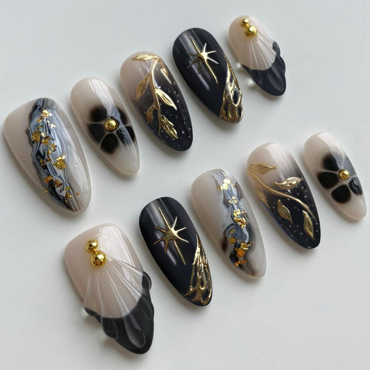 Almond Press on Nails Medium False Nails with 3D Water Ripples Golden Stars Pearls Leaves Flowers Designs Nude Acrylic Nails Press ons Black French Fake Nails for Girls 24Pcs