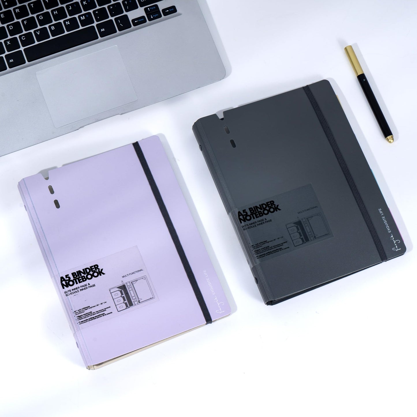 CAGIE A5 Binder 6 Ring Notebook with Dividers Refillable Planner Binder with Pockets, Refill Paper Include Planning Square Ruled and Dotted Pages, 6.89 x 9.25 in, (Grey and Purple, A5 Daily&Dot Page)