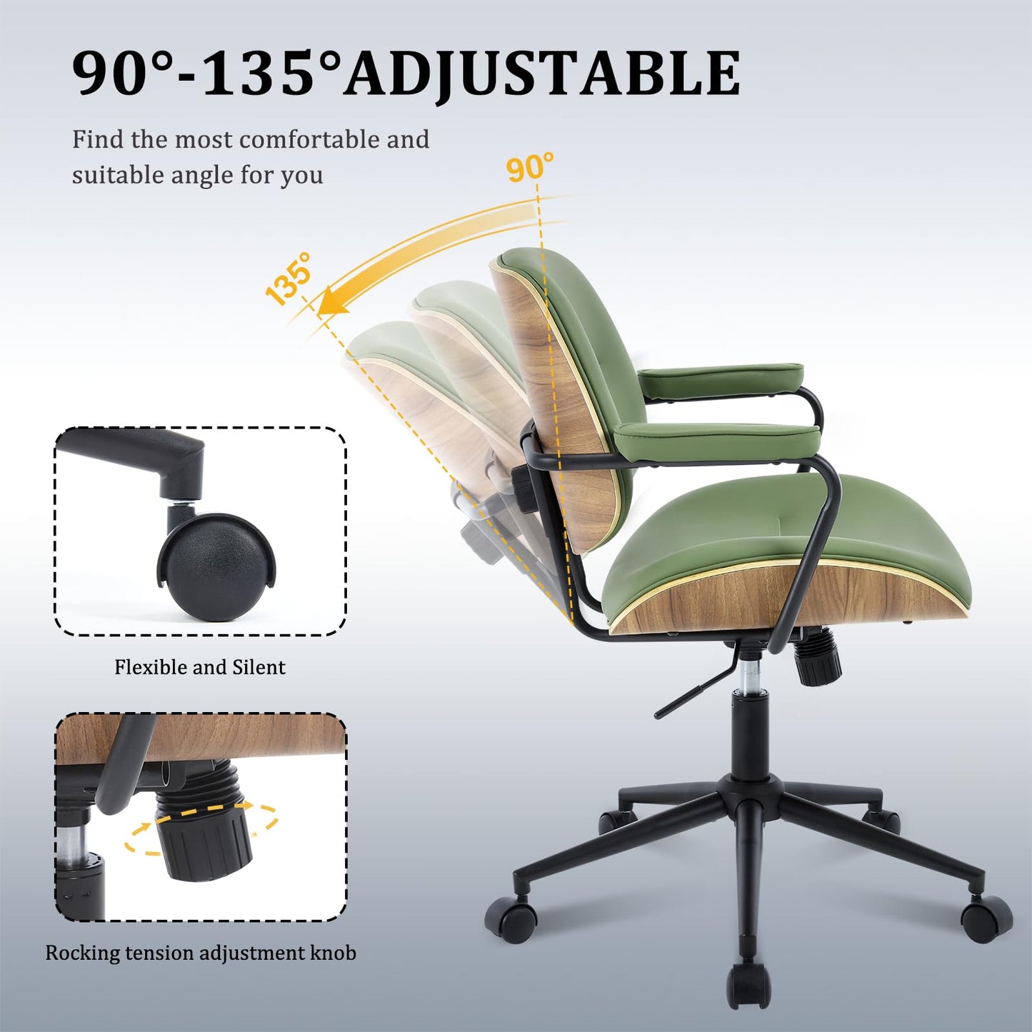 BV Mid Century Modern Office Chair Set of 1, Swivel Rolling Deak Chair with Armrests and Walnut Back, Adjustable Desk Chair for Home Office, Green