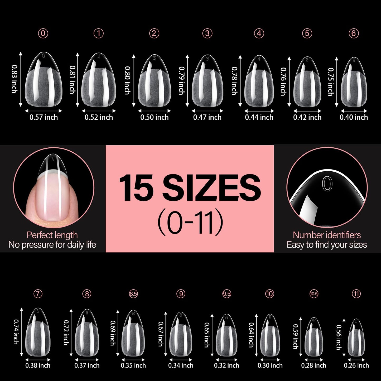 AILLSA Short Almond Nail Tips - Thickened Pre-shaped False Nail Tips Short Almond Shaped Half Matte Nails Tips, Fake Nails Extension 450pcs 15 Sizes with Storage Box