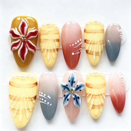 Threelegscat Yellow Handmade 10PCS Press on Nails, Medium Almond Fake Nails with 3D Flower Pearl, Reusable Gift for Women Daily Wear, Party, M Size