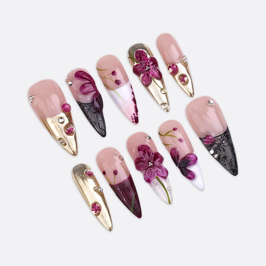 SIYOU Beauty | Classic Gold Bloom | Pink, Purple, and Gold Floral Medium Stiletto Press On Nails for Women (Medium) - Reusable, Salon-Quality Fake Nails (10pc)