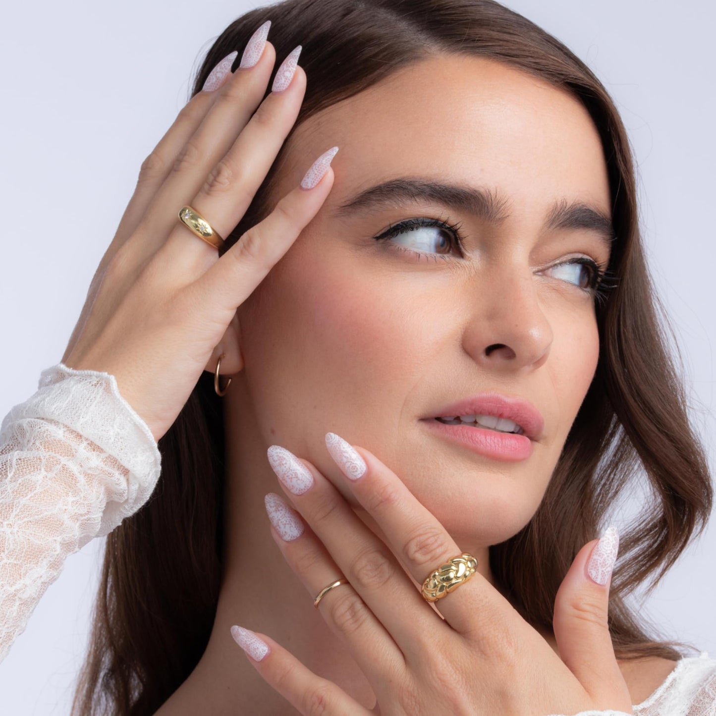 PaintLab Press On Nails - Beige Lace Almond Fake Nails, 30 Nails in 15 Sizes with Glue, Reusable Salon Quality Press On Nails