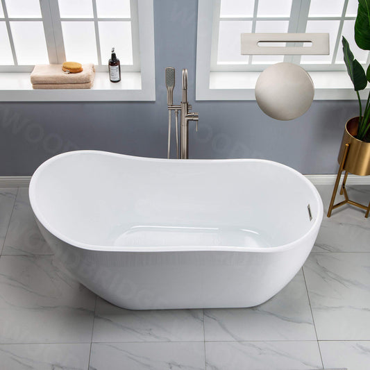 WOODBRIDGE 59" Acrylic Freestanding Bathtub Contemporary Soaking White Tub with Brushed Nickel Overflow and Drain，B-1530 -B/N-Drain &O
