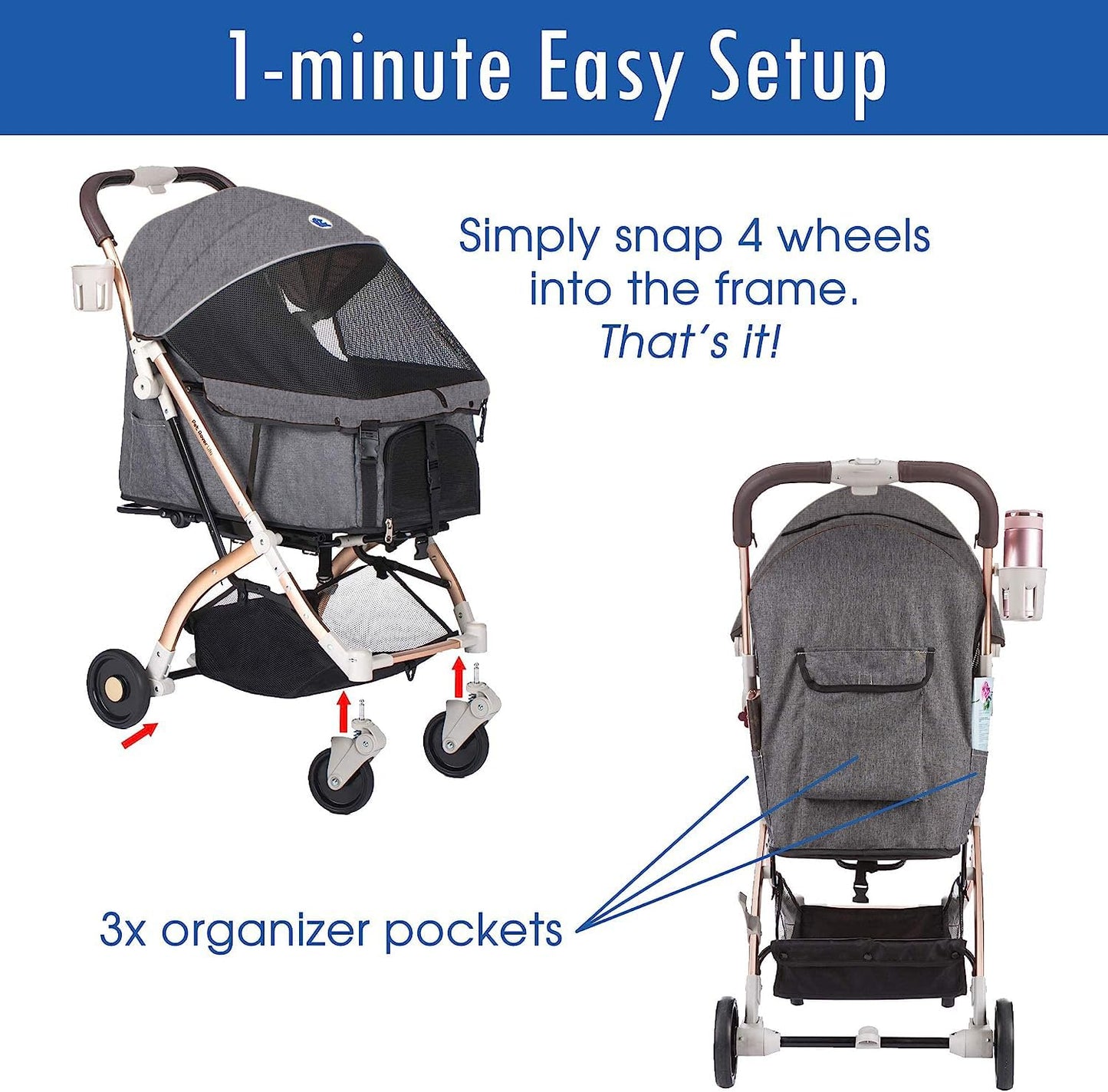 HPZ-PR America Pet Rover Lite Premium Light-Weight Dog/Cat/Pet Stroller Travel Carriage with Convertible Compartment/Aluminum Frame for Small & Medium Pets (Gray 2nd-Gen.)