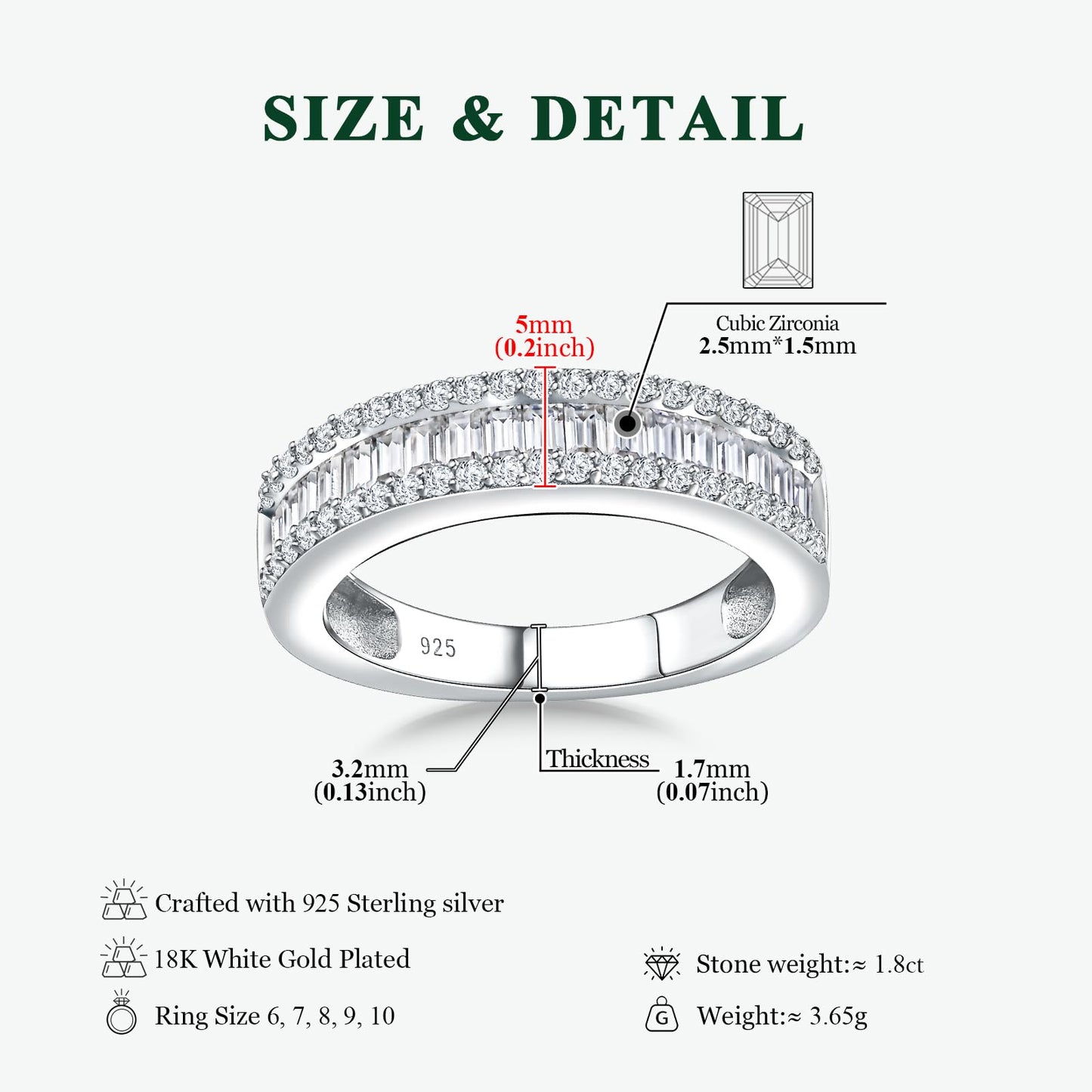 RANDES Cubic Zirconia Wedding Bands for Women Men 925 Sterling Silver Emerald Cut Eternity Band Created Diamond Rings Size 6