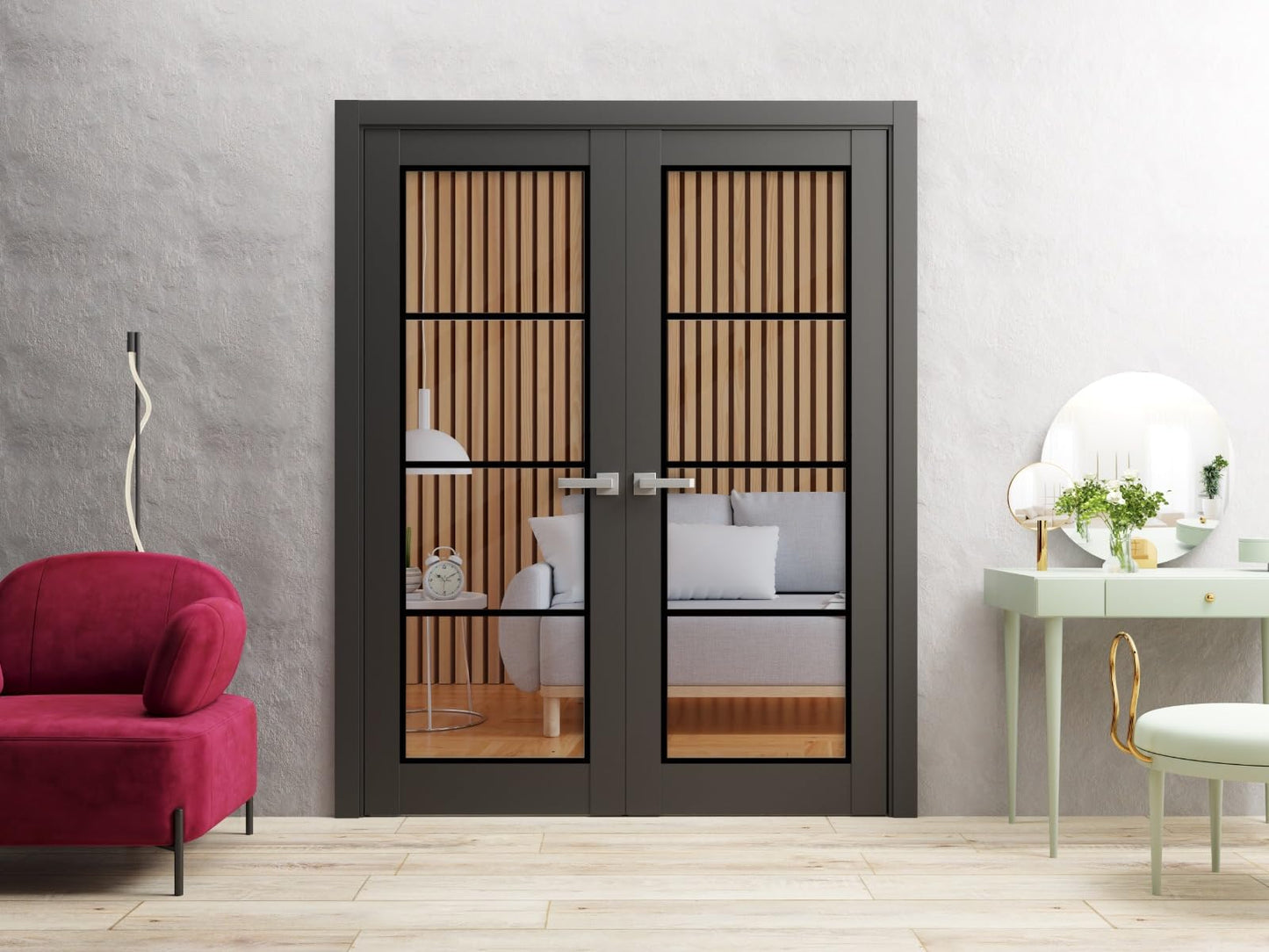 SARTODOORS Lucia 2466 | Double Swing Interior French Doors | Clear Glass, Solid Wood | Frame & Hardware Included | 60 x 96, Black Matte, Modern