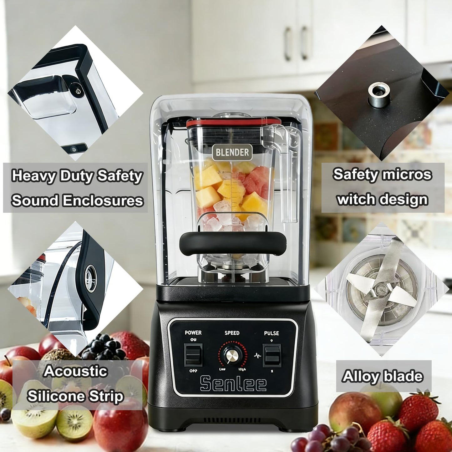 Commercial Blender Heavy Duty 2200W Professional-Grade with 64oz BPA-Free Jar, Quiet Shield, Self-Cleaning, 6-Leaf Stainless Steel Blade for Smoothies, Ice Crush, Shakes - Restaurant & Kitchen Use