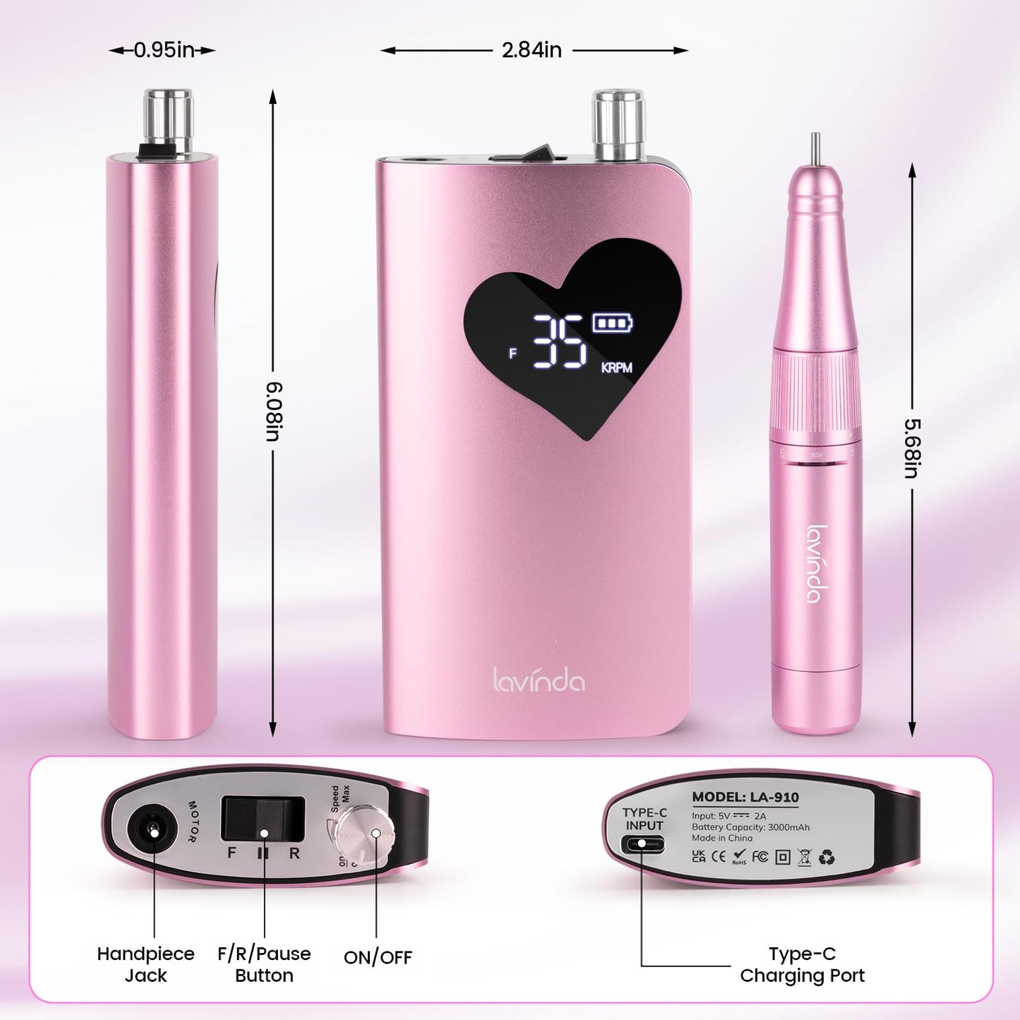 Lavinda Electric Nail Drill Machine, 35000RPM Professional Nail File Cordless Rechargeable Nail Efile for Acrylic Gel Nails (Pink 910)