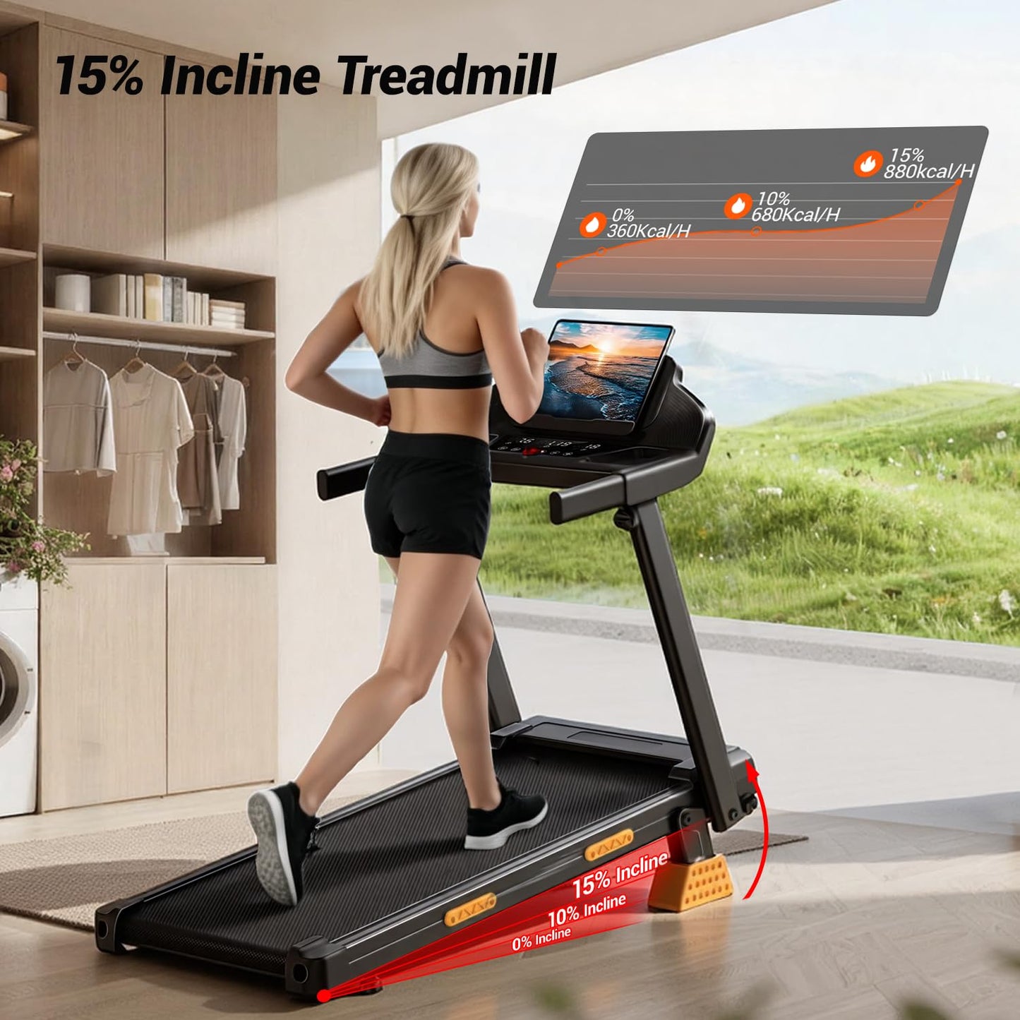 UMAY Treadmills for Home with 15% Incline, 7-Layer Shock-Absorbing Foldable Treadmill with Led Screen & Handle Bar Up to 400lbs Capacity, 3.0HP Walking Pad Treadmill Lower Noise/0.6-7.5MPH