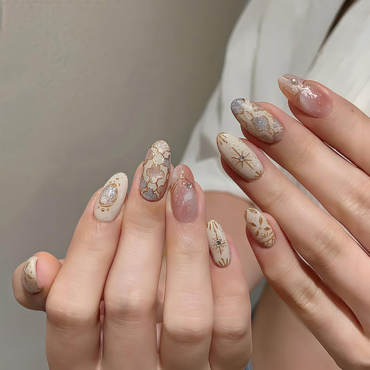 Medium Almond Press on Nails - Retro Fake Nails with Rhinestones | Star | Four-Leaf Clover Designs Glitter False Nails Reusable Full Cover Stick on Nails for Women Manicure 24Pcs