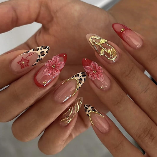 SEENEEY Almond Press on Nails Long Fake Nails Red Artificial Nail Pink Floral and Gold Charm Designs Stick on Nail for Women 24pcs