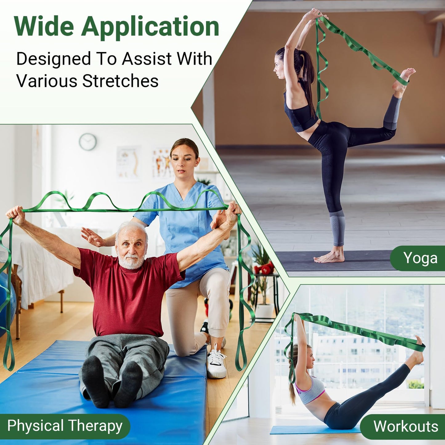 Kiemeu Stretch Strap With Loops For Physical Therapy, Yoga Straps For Stretching With Loops, Non-elastic Leg Straps For Knee Rehab, 8 ft Long x 1.2 inch Wide