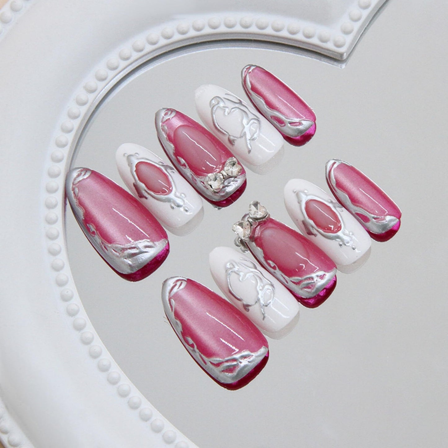 Almond Press on Nails Medium Fake Nails Pink Artificial Nail Cat Eyes Rhinestones Bow Handmade Sparkly Stick on Nail for Women 24pcs