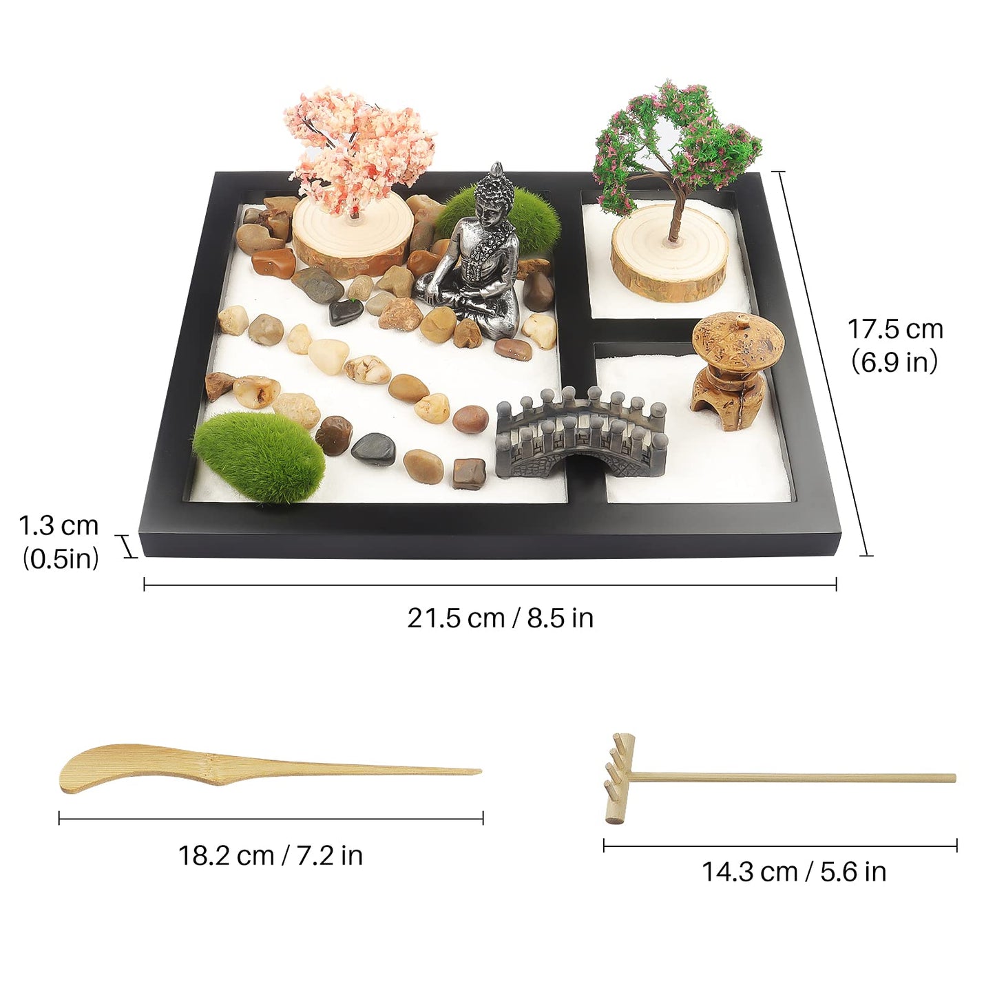 Sakura Budah Desktop Mini Zen Garden - 9" x 7" with White Sand, Artificial Bonsai Tree, Rocks, Rakes & Accessories - Meditation Gift for Office Decor