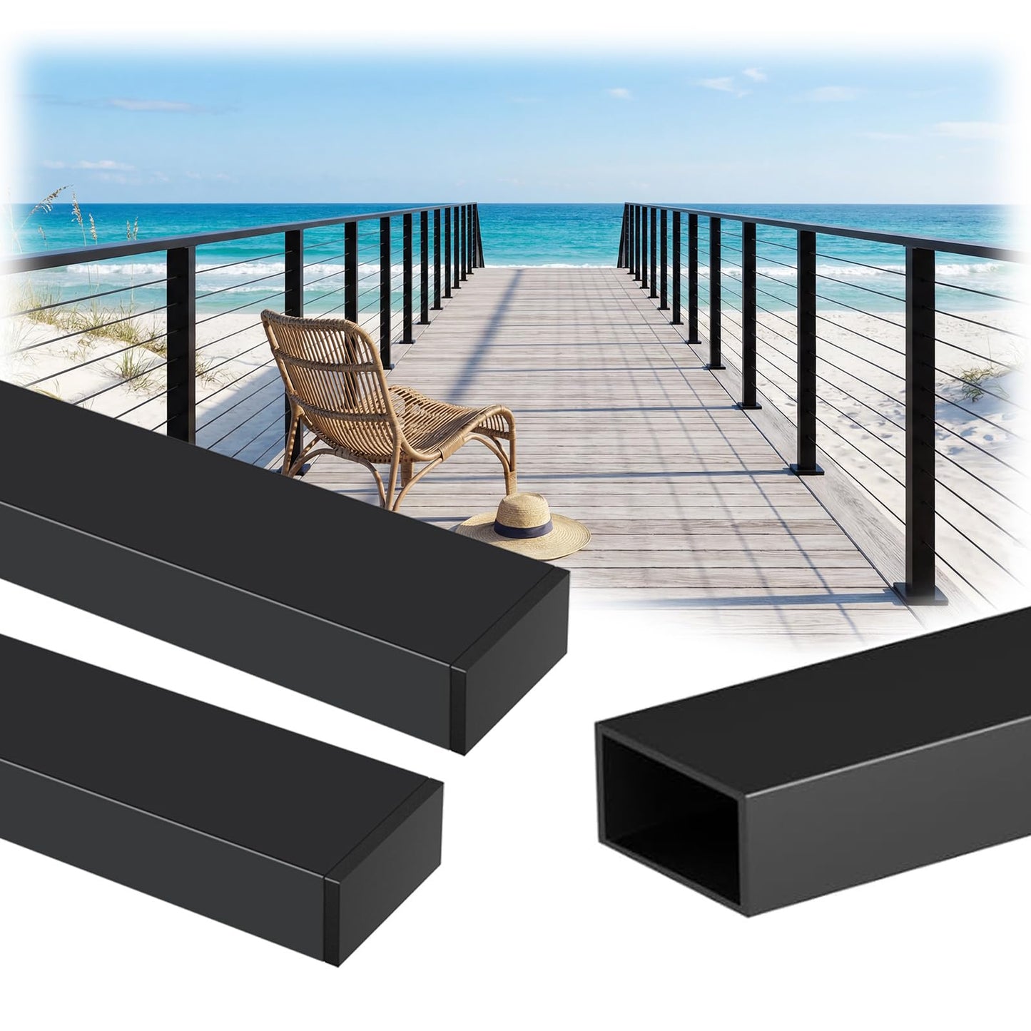 Zylorix 3Pack 10FT Aluminum Black Handrail for Lake House Deck Railing, 2.36" W X 1.18" H Cuttable Rectangular Flat Top Hand Rail for DIY Outdoor Deck Stair Cable Railing(Screws Included)