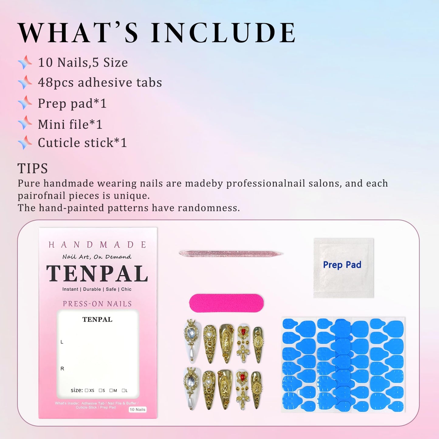 TENPAL 10Pcs Handmade Royal Press On Nails With Tools,Metallic Gold Long Stiletto Fake Nails with Pearl & Celestial Charms Designs,Sculpted 3D Baroque Acrylic Glue on Nails for Wedding Gothic Ball(M)