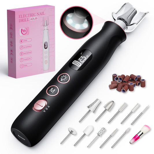 Merloly Nail Drill Kit,Black Cordless Electric Nail File with 10 Speed,10 Bits and LED Light,for Acrylic Nails,Gel Polish Removal and Thick Toenails,Easy for Beginners