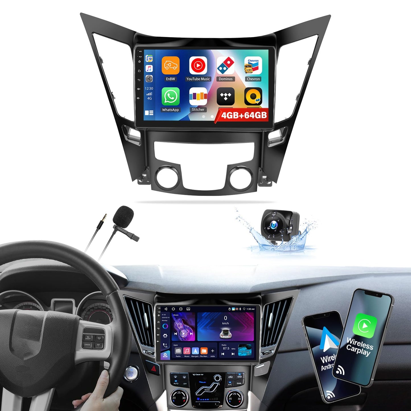 4+64G Android 13 Car Radio for Hyundai Sonata 2010-2015, 9'' HD 1280 * 720 Touchscreen Stereo with Wireless CarPlay Android Auto Mirror Link GPS Navi Bluetooth,WiFi,32EQ,SWC+Camera&Mic