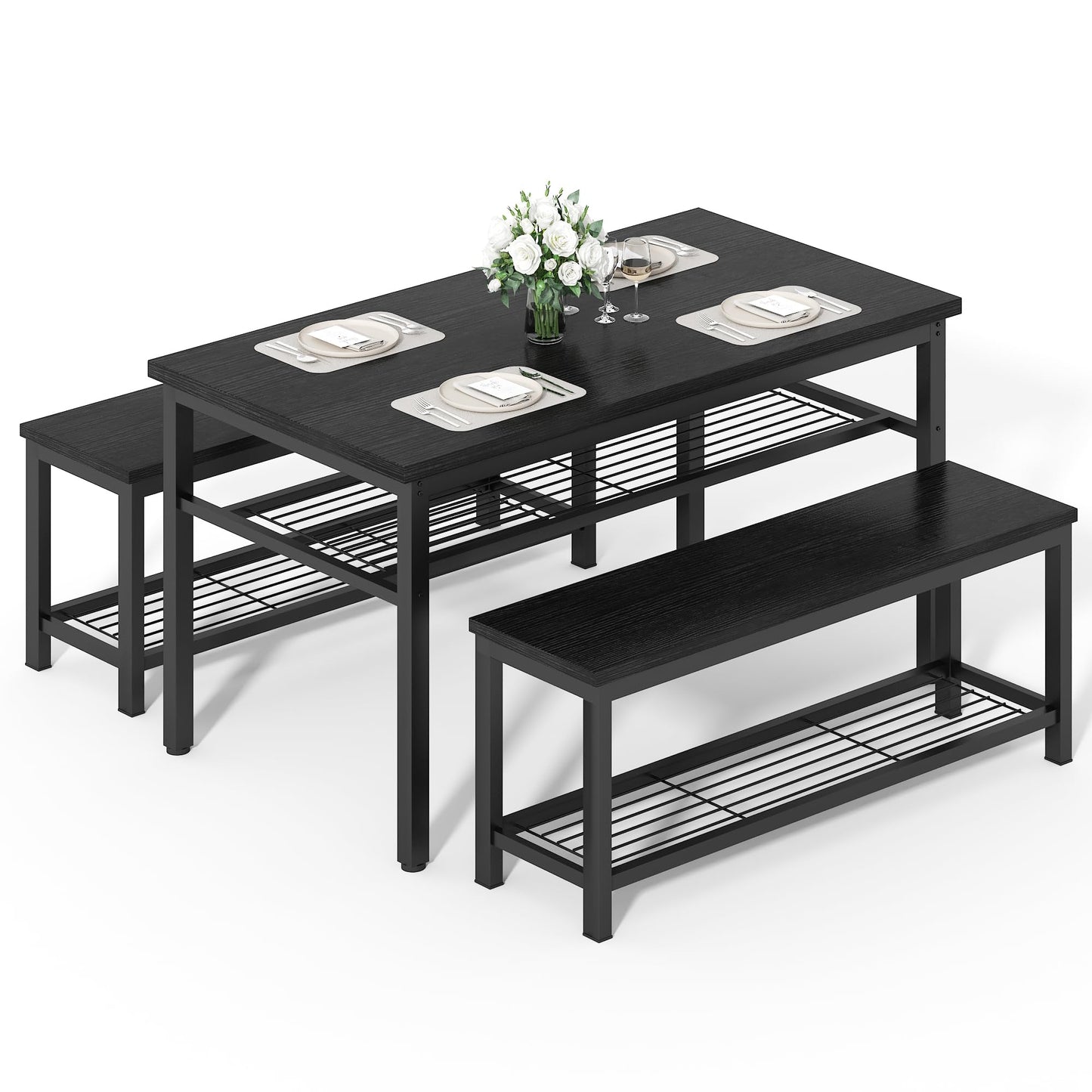 Lamerge 3-Piece Dining Table Set, Industrial Kitchen Table and Chairs Set for 4, Dining Table and 2 Benches with Storage Shelf, Dining Table Set for Dining Room Kitchen, Black