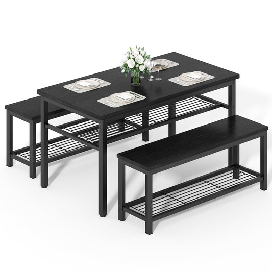 Lamerge 3-Piece Dining Table Set, Industrial Kitchen Table and Chairs Set for 4, Dining Table and 2 Benches with Storage Shelf, Dining Table Set for Dining Room Kitchen, Black