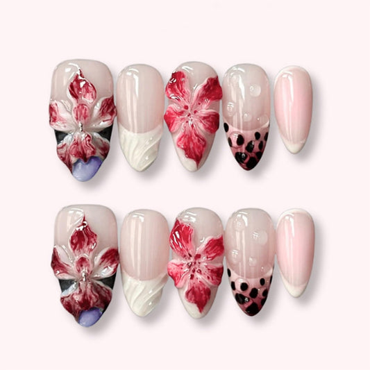 SEENEEY Almond Press on Nails Long Fake Nails French Artificial Nail Red Floral Designs Cute Stick on Nail for Women 24pcs
