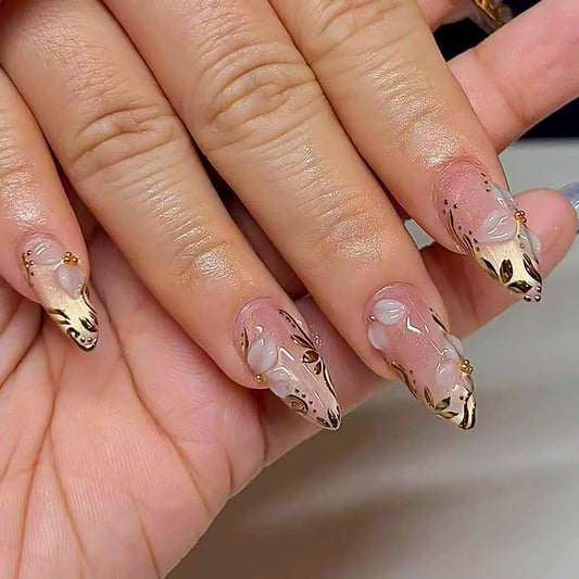 RUOKEXIN Long Almond Press on Nails Gold Cat Eye Fake Nails Ombre False Nails with Flower Designs Stiletto Nail Press ons Sparkly Artificial Nails for Women 24Pcs