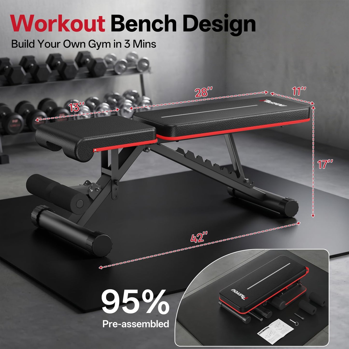 PASYOU Adjustable Weight Bench for Home Gym, Foldable Workout Benches with 660LBS, Exercise Bench for Incline Decline Flat Bench Press, Foldable Strength Bench for Daily Training