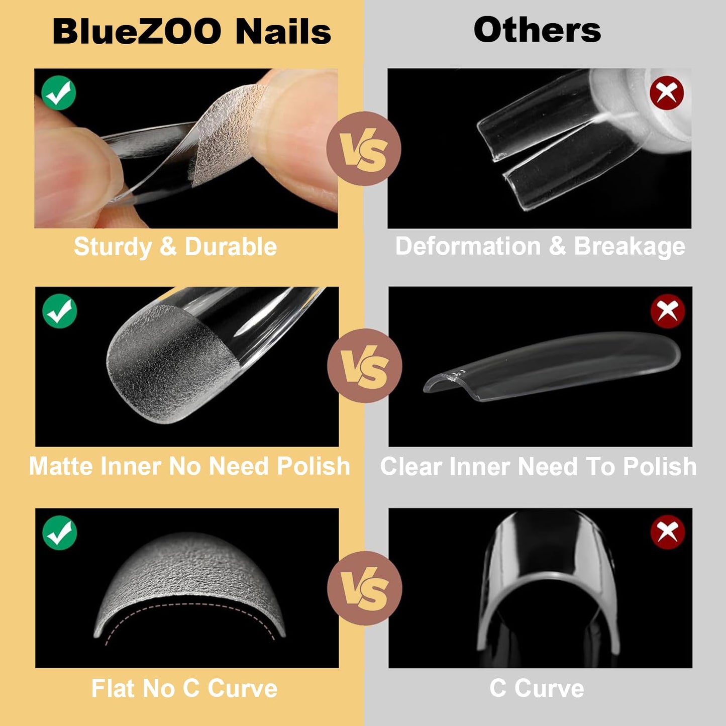BlueZOO Gel Long Nail Tips Pre-etching Almond Coffin Oval Clear Press On Nails, Salon Quality 3 Styles 360Pcs Half Matte Full Cover Acrylic False Nails Extension DIY Manicure Beginner & Professional