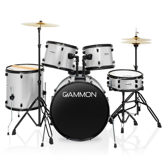 Gammon Percussion Full Size Complete Adult 5-Piece Drum Set with Cymbals, Stands, Stool, and Sticks - Silver