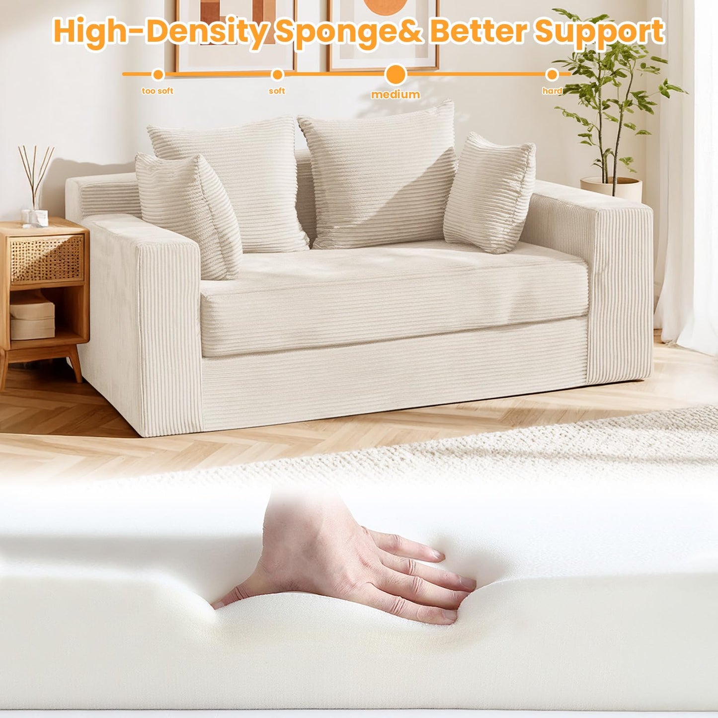 Boneless Loveseat Sleeper Sofa Bed, 3-in-1 Convertible Sofa Bed and Floor Futon with 4 Pillows, 55" Beige Boneless Couch for Living Room, Guest Room, Small Space, No Assembly Required, Corduroy