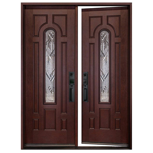 BGW Doors Mahogany Finish Fiberglass Double Front Entry Door with Brickmould and Decorative Glass, Prehung Pre-Finished Exterior Door, Right Hand Inswing, 36x36x80