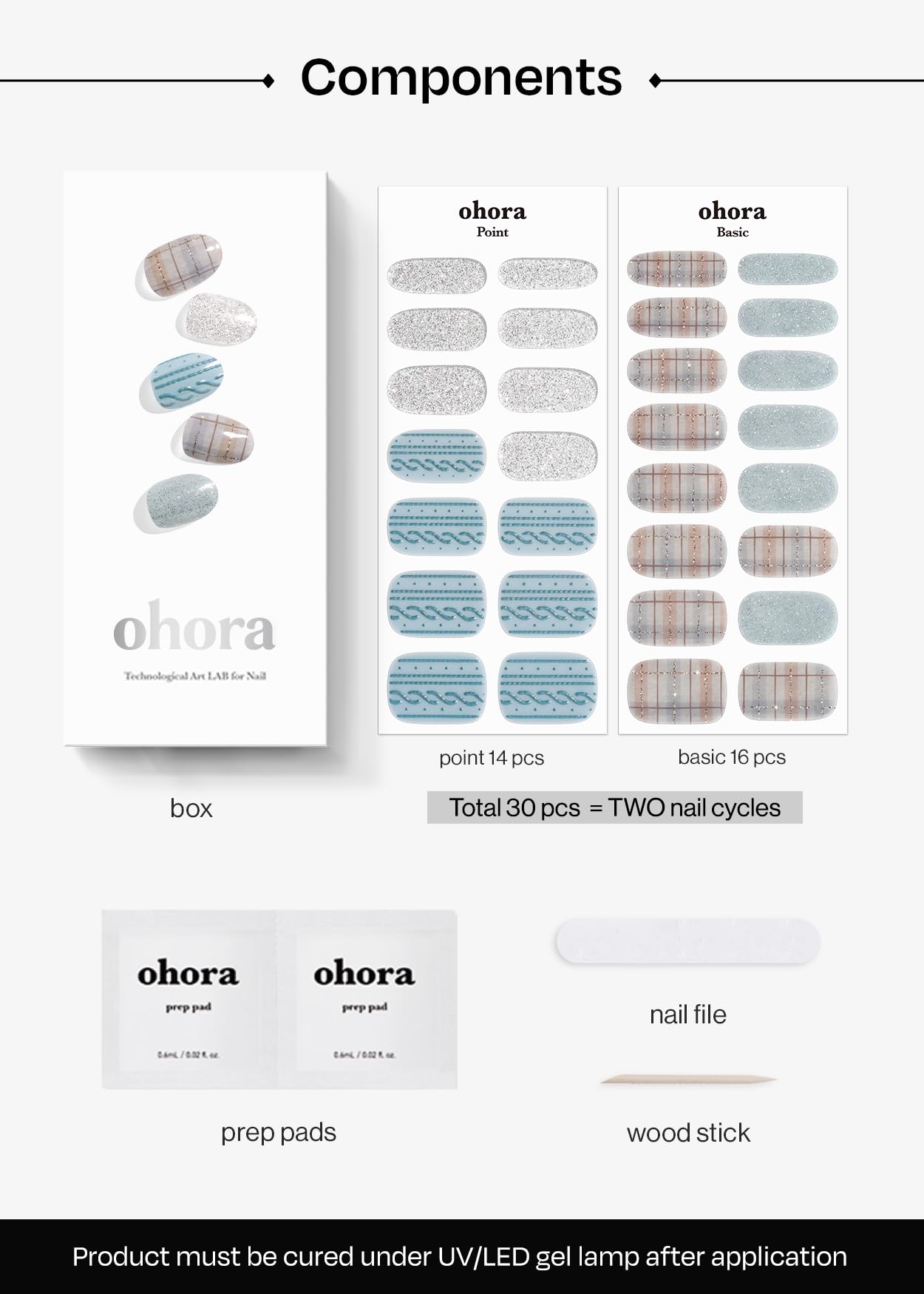 ohora Semi Cured Gel Nail Strips (N Fuzzy Sweater) - Blue & Gray, Works with Any UV/LED Lamps, Salon-Quality, Long Lasting, Easy to Apply & Remove - Includes 2 Prep Pads, Nail File & Wooden Stick